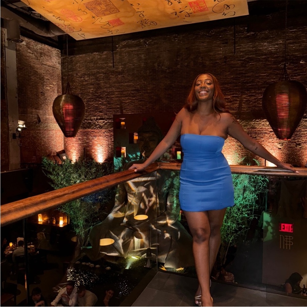 Meshki Strapless Bodycon Mini Dress in Bright Blue